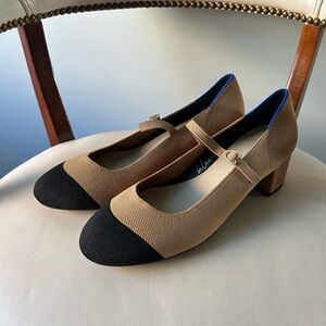 Rothy's tan and black chunky Mary Jane heel